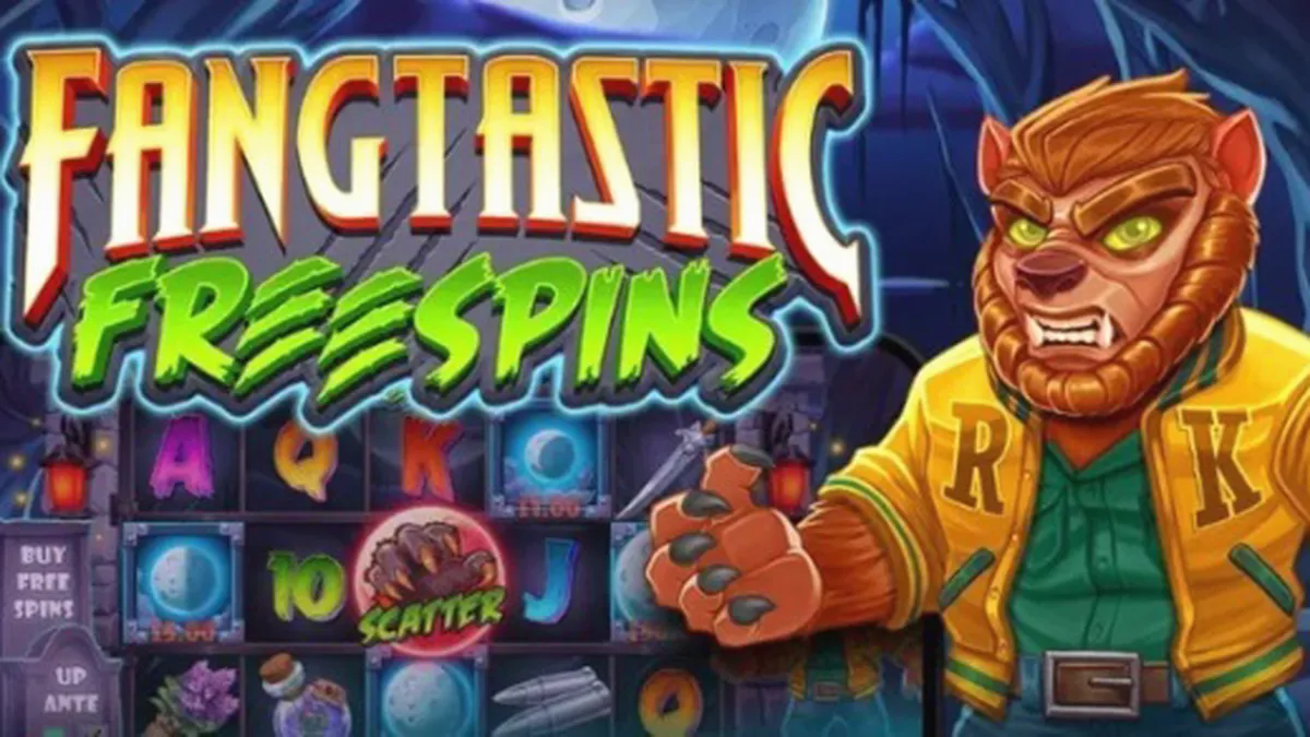 Tampilan visual slot Fangtastic Freespins dengan tema manusia serigala yang mencekam