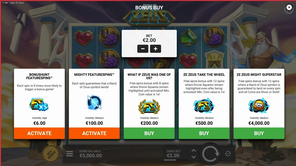 Tampilan visual slot Epic Ze Zeus dengan latar belakang kuil Yunani dan petir