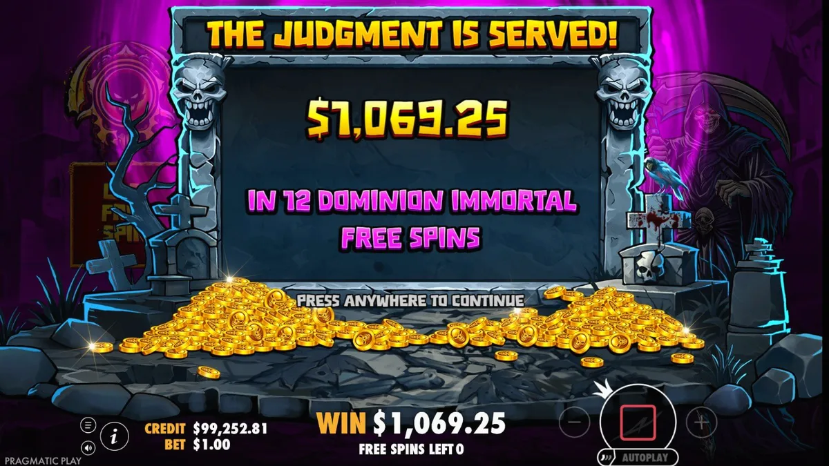 Tampilan visual slot Death Dominion dengan tema horor gotik dan Grim Reaper