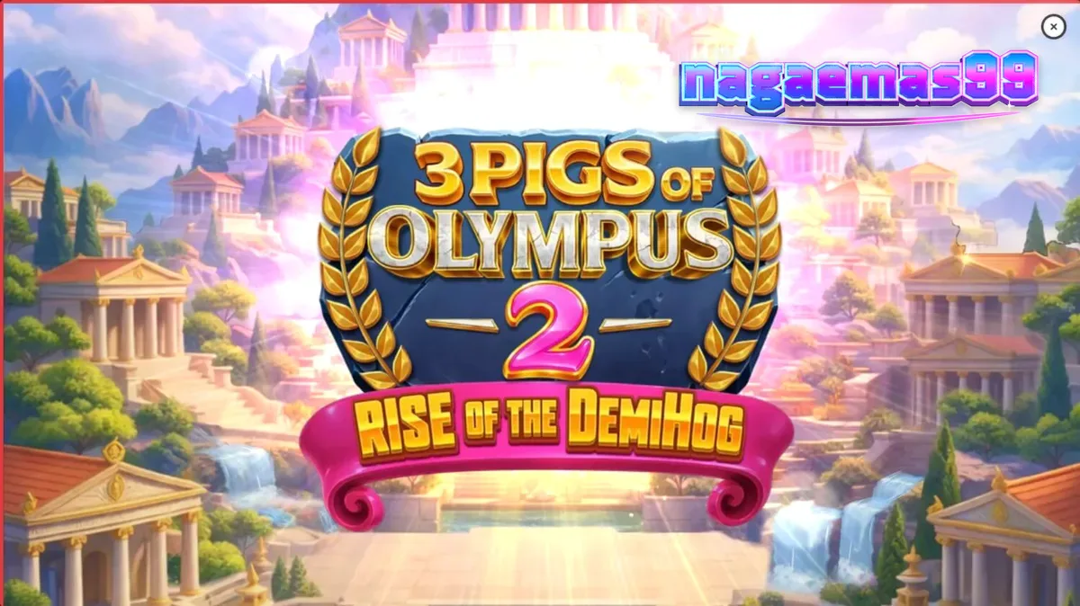 Tampilan visual slot 3 Pigs of Olympus 2 dengan latar belakang Gunung Olympus dan karakter babi pahlawan.
